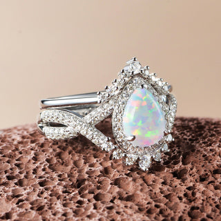 2.0 CT Pear Opal Art Deco October Birthstone Bridal Ring Set in 925 Sterling Silver