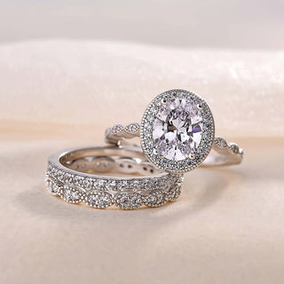 4.00CT Oval Cut Diamond Halo Antique Pave Engagement Ring Set