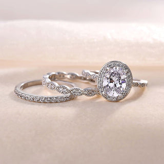 4.00CT Oval Cut Diamond Halo Antique Pave Engagement Ring Set