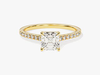 Asscher-cut moissanite diamond ring featuring pavé detailing and a classic engagement style