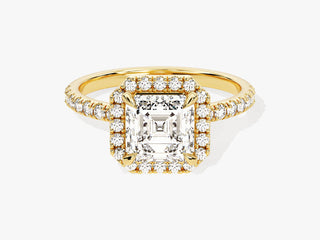 Asscher Moissanite engagement ring featuring a twisted band and shimmering halo of diamonds