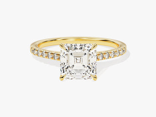 Bold Asscher-cut moissanite ring featuring pavé detailing and classic step-cut brilliance.