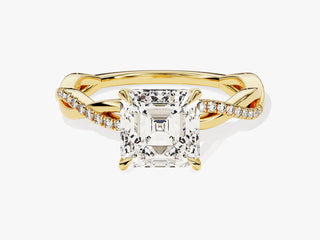 Distinctive Asscher Moissanite engagement ring with twisted pave detailing
