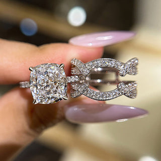 4.5CT Cushion Moissanite Diamond Hidden Halo Pave Bridal Engagement Ring Set