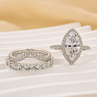 3.0CT Marquise Moissanite Diamond Halo Pave Antique Bridal Engagement Ring Set
