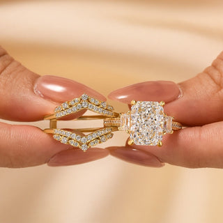 5.0CT Radiant  Moissanite Diamond Hidden  Halo Pave Bridal Engagement Ring Set