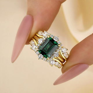 3.0CT Emerald Moissanite Diamond  Halo Pave Bridal Engagement Ring Set