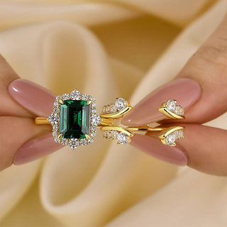 3.0CT Emerald Moissanite Diamond  Halo Pave Bridal Engagement Ring Set