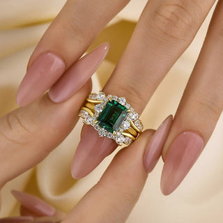 3.0CT Emerald Moissanite Diamond  Halo Pave Bridal Engagement Ring Set