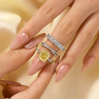 4.5CT Yellow Cushion Moissanite Diamond Pave Bridal Engagement Ring Set