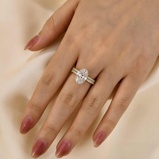 4.0CT Oval Moissanite Diamond Hidden Halo Pave Bridal Engagement Ring Set