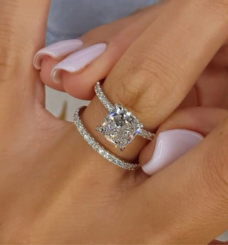 3.0CT Cushion Moissanite Diamond Hidden Halo Pave Bridal Engagement Ring Set