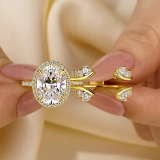 4.25CT Oval  Moissanite Diamond Halo Pave Engagement Ring Set