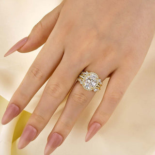 4.25CT Oval  Moissanite Diamond Halo Pave Engagement Ring Set