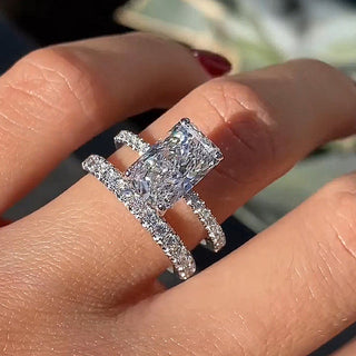 3.5CT Radiant Moissanite Diamond Hidden Halo Pave Bridal Engagement Ring Set