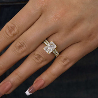 3.5CT Radiant Moissanite Diamond Hidden Halo Pave Bridal Engagement Ring Set