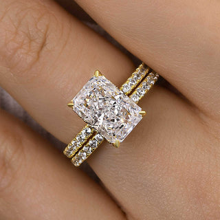 3.5CT Radiant Moissanite Diamond Hidden Halo Pave Bridal Engagement Ring Set