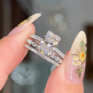 3.5CT Radiant Moissanite Diamond Hidden Halo Pave Bridal Engagement Ring Set