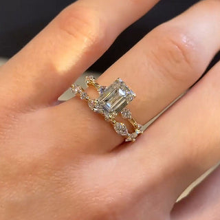 2.5CT Emerald Cut Moissanite Diamond Halo Pave Bridal Engagement Ring Set