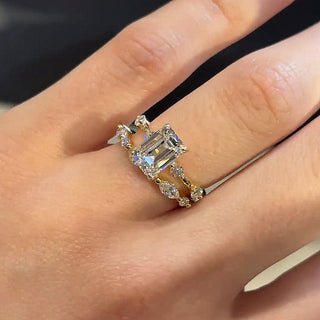 3.0CT Emerald Cut Moissanite Diamond Distance Pave Bridal Engagement Ring Set