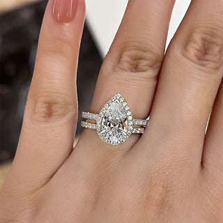 3.00CT Pear Cut Diamond Halo Pave Engagement Ring Set