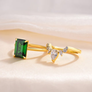 4.00CT Green Emerald Cut Diamond Solitaire Engagement Ring Set