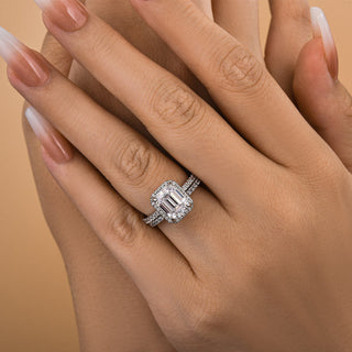 2.5CT Emerald Cut Moissanite Diamond Halo Pave Bridal Engagement Ring Set
