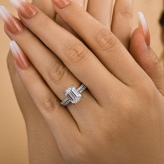 3.5CT Emerald Cut Moissanite Diamond Hidden Halo Pave Bridal Engagement Ring Set