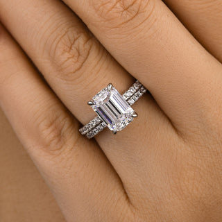 3.5CT Emerald Cut Moissanite Diamond Hidden Halo Pave Bridal Engagement Ring Set
