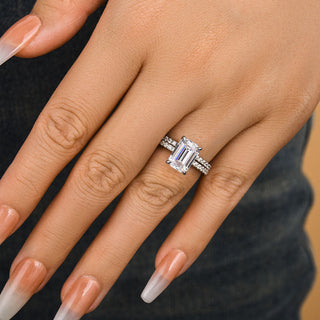 3.5CT Emerald Cut Moissanite Diamond Hidden Halo Pave Bridal Engagement Ring Set