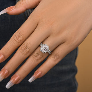 2.5CT Emerald Cut Moissanite Diamond Halo Pave Bridal Engagement Ring Set