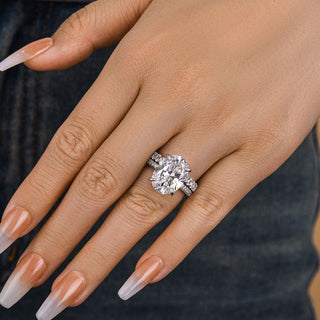 8.0CT Oval Moissanite Diamond Hidden Halo Pave Bridal Engagement Ring Set