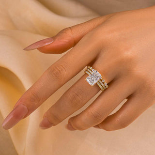 3.5CT Radiant Moissanite Diamond Hidden Halo Pave Bridal Engagement Ring Set