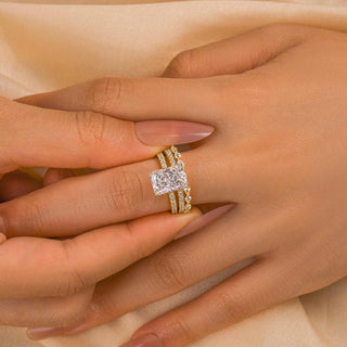 3.5CT Radiant Moissanite Diamond Hidden Halo Pave Bridal Engagement Ring Set