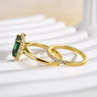 3.0CT Emerald Moissanite Diamond Halo Cluster Bridal Engagement Ring Set