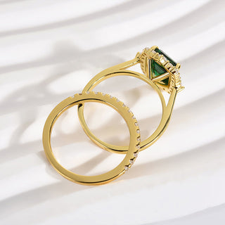 3.0CT Emerald Moissanite Diamond Halo Cluster Bridal Engagement Ring Set