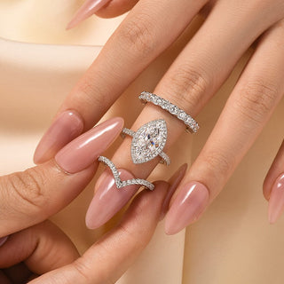 3.0CT Marquise Moissanite Diamond Halo Pave Antique Bridal Engagement Ring Set