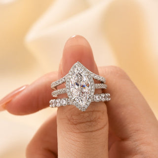 3.0CT Marquise Moissanite Diamond Halo Pave Antique Bridal Engagement Ring Set