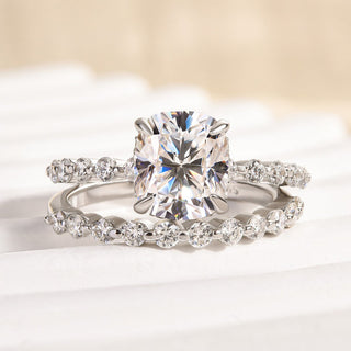 2.0CT Cushion Moissanite Diamond Hidden Halo Pave Bridal Engagement Ring Set