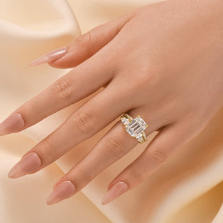 4.5CT Emerald Cut Moissanite Diamond Hidden Halo Pave Bridal Engagement Ring Set
