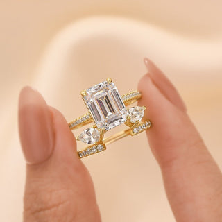 4.5CT Emerald Cut Moissanite Diamond Hidden Halo Pave Bridal Engagement Ring Set