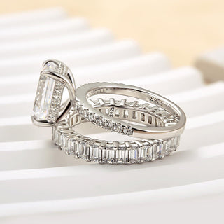 3.5CT Emerald Cut Moissanite Diamond Hidden Halo Pave Bridal Engagement Ring Set