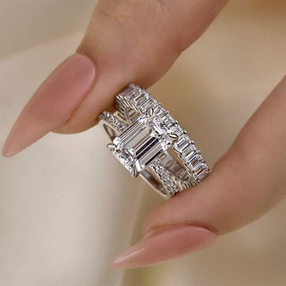3.5CT Emerald Cut Moissanite Diamond Hidden Halo Pave Bridal Engagement Ring Set