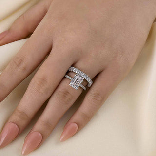 3.5CT Emerald Cut Moissanite Diamond Hidden Halo Pave Bridal Engagement Ring Set