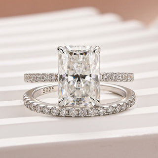 3.5CT Radiant Moissanite Diamond Hidden Halo Pave Bridal Engagement Ring Set