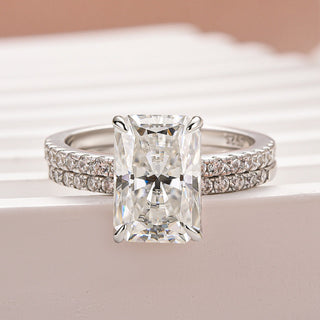 3.5CT Radiant Moissanite Diamond Hidden Halo Pave Bridal Engagement Ring Set