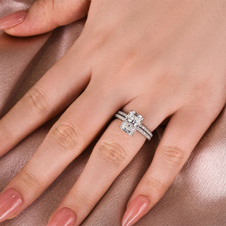 3.5CT Radiant Moissanite Diamond Hidden Halo Pave Bridal Engagement Ring Set