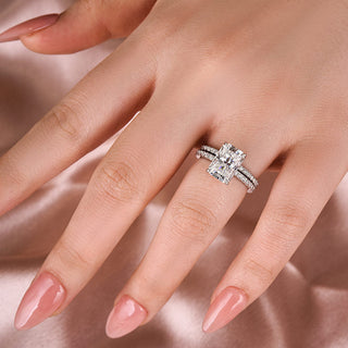 3.5CT Radiant Moissanite Diamond Hidden Halo Pave Bridal Engagement Ring Set