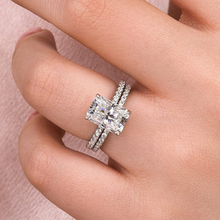 3.5CT Radiant Moissanite Diamond Hidden Halo Pave Bridal Engagement Ring Set