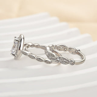 1.5CT Oval Moissanite Diamond Halo Pave Bridal Engagement Ring Set